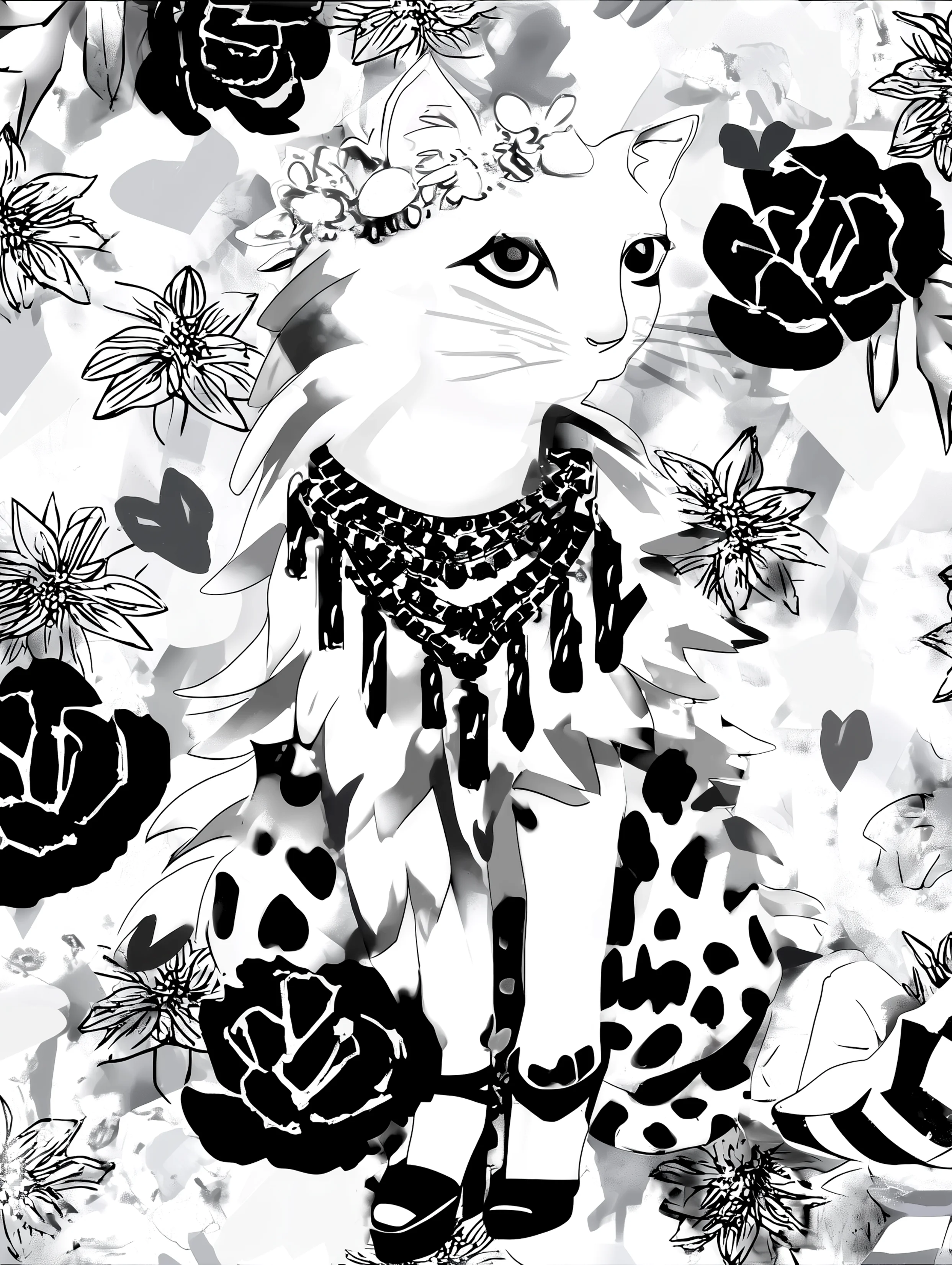 Free printable kitten coloring page featuring long necklace kitten